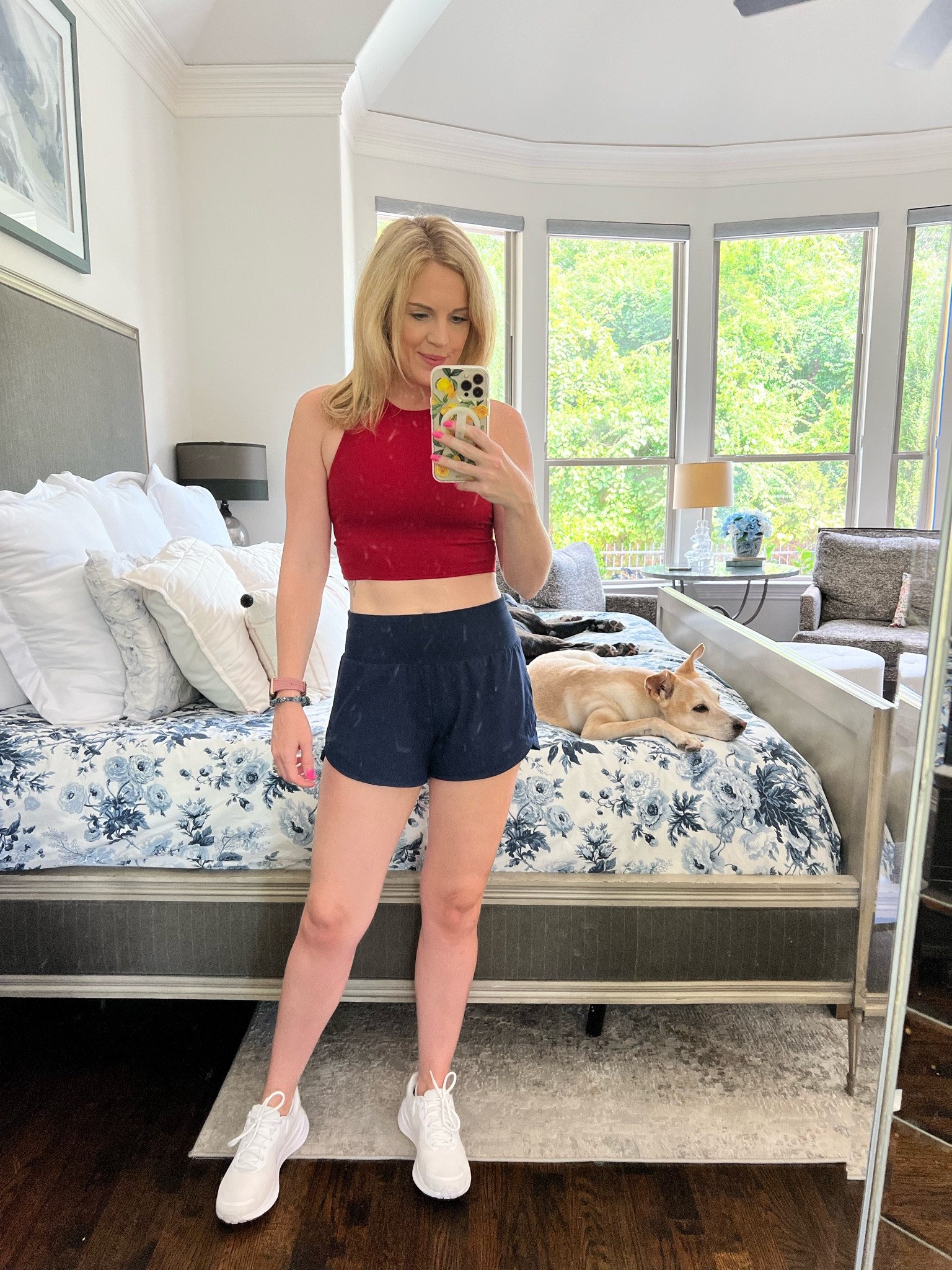 Summer workout look
Athleta cropped bra top
Navy blue shorts 
Red white and blue 
Olympic workout look 
White Nike sneakers 


#LTKFitness #LTKActive #LTKSaleAlert
