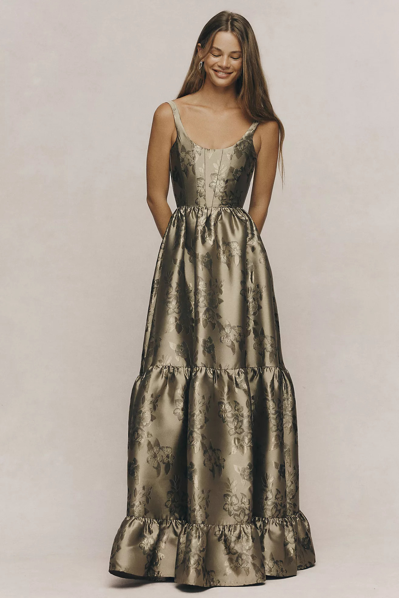 V. Chapman Avery Scoop-Neck Tiered Floral Brocade Maxi Dress | Anthropologie (US)