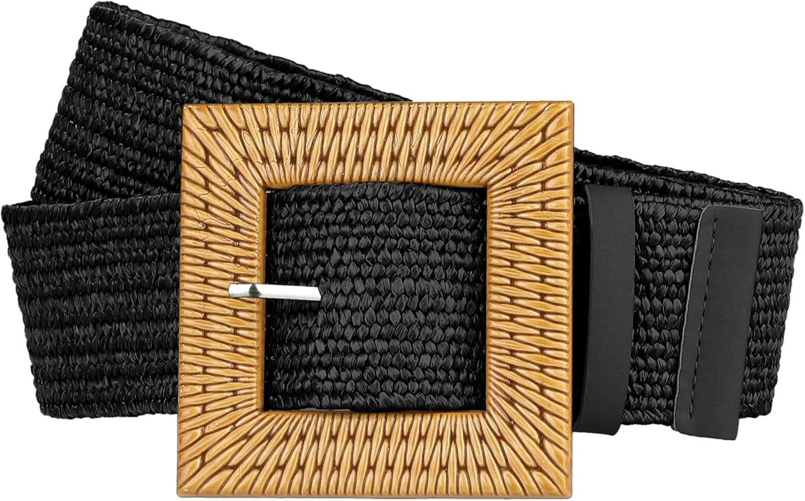 Ladies Woven Wide Stretch Belts, Straw Rattan Square Wooden Buckle Elastic Waist Belt Waistband f... | Amazon (US)