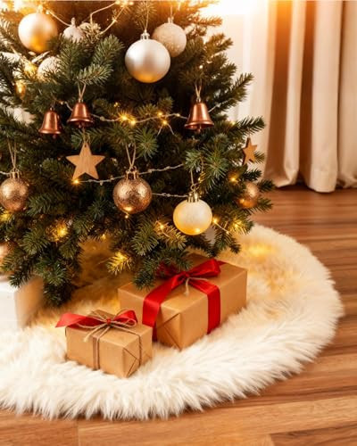 COOLWUFAN 48 Inches Christmas Tree Skirt for Xmas Tree Holiday Party Decorations White Plush (White) | Amazon (US)
