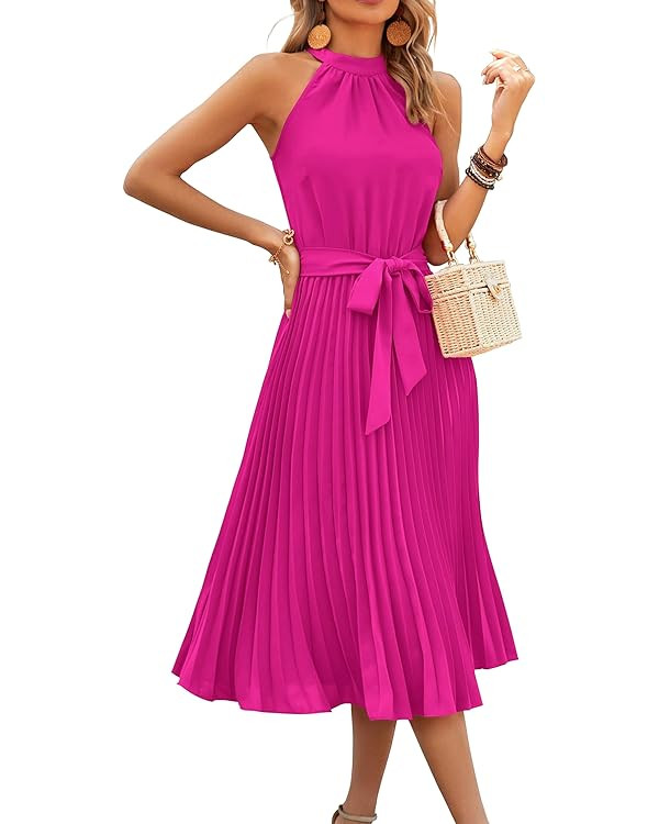 KIRUNDO Women's 2024 Summer Sleeveless Halter Neck Pleated Midi Cocktail Dresses A Line Flowy Bea... | Amazon (US)