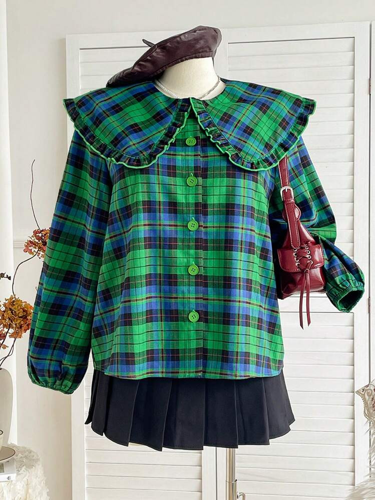 SHEIN WYWH Plus Size Women's Peter Pan Collar Ruffled Green Plaid Loose Long Sleeve Lantern Sleev... | SHEIN