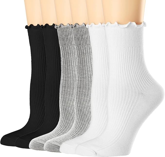 Amazon.com: Womens Crew Socks Ruffle Turn-Cuff Dress Socks Casual Cotton Knit Warm Comfy Lettuce ... | Amazon (US)