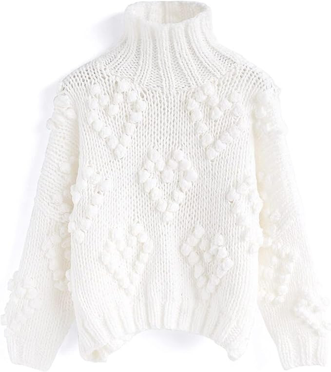 CHICWISH Womens Turtleneck Sweater Heart Pom Pom Pullover Sweaters Long Sleeve Loose Chunky Knit ... | Amazon (US)