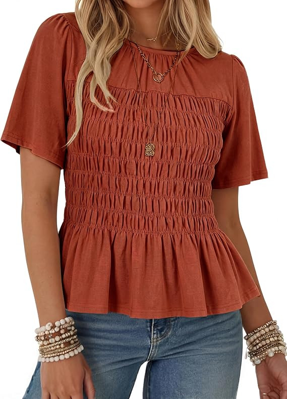 Watashi Women Summer Tops Smocked Elastic Pleated Peplum Ruffle Hem Short Sleeve Babydoll Top Cas... | Amazon (US)