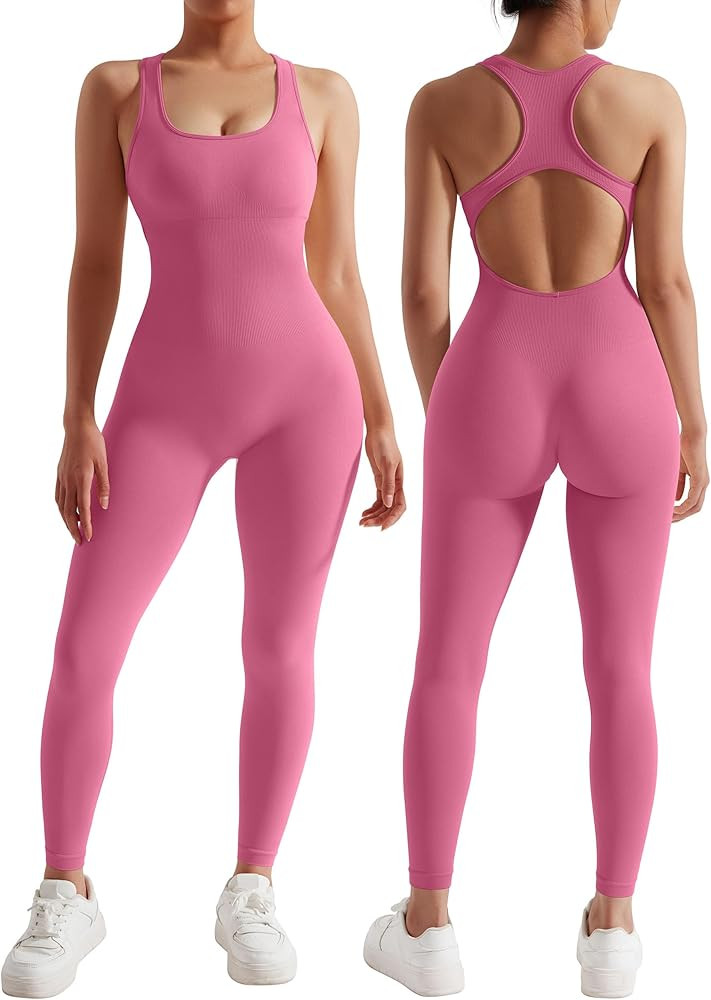 RXRXCOCO Women Backless One Piece Jumpsuits Sleeveless Scoop Neck Bodycon Romper Seamless Workout... | Amazon (US)