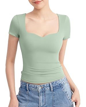 PUMIEY Women's Tops Sweetheart Neck Short Sleeve Going Out Top Cute T Shirts Slim Fitted Sexy Tee... | Amazon (US)