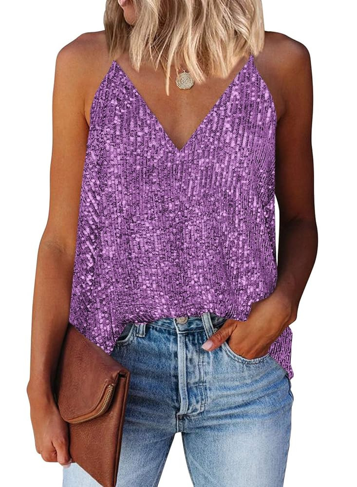 miduo Womens Tank Tops Casual Fashion V Neck Strappy Sequin Sparkle Shimmer Camisole Sleeveless T... | Amazon (US)