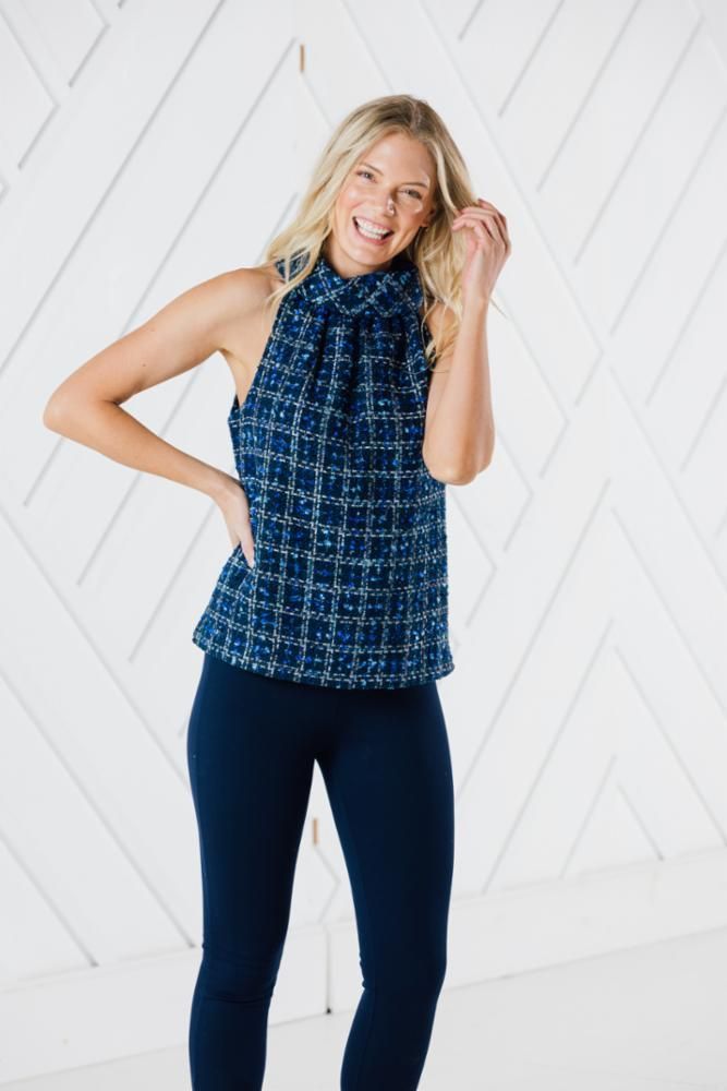 Navy Tweed Cowl Neck Top | Sail to Sable