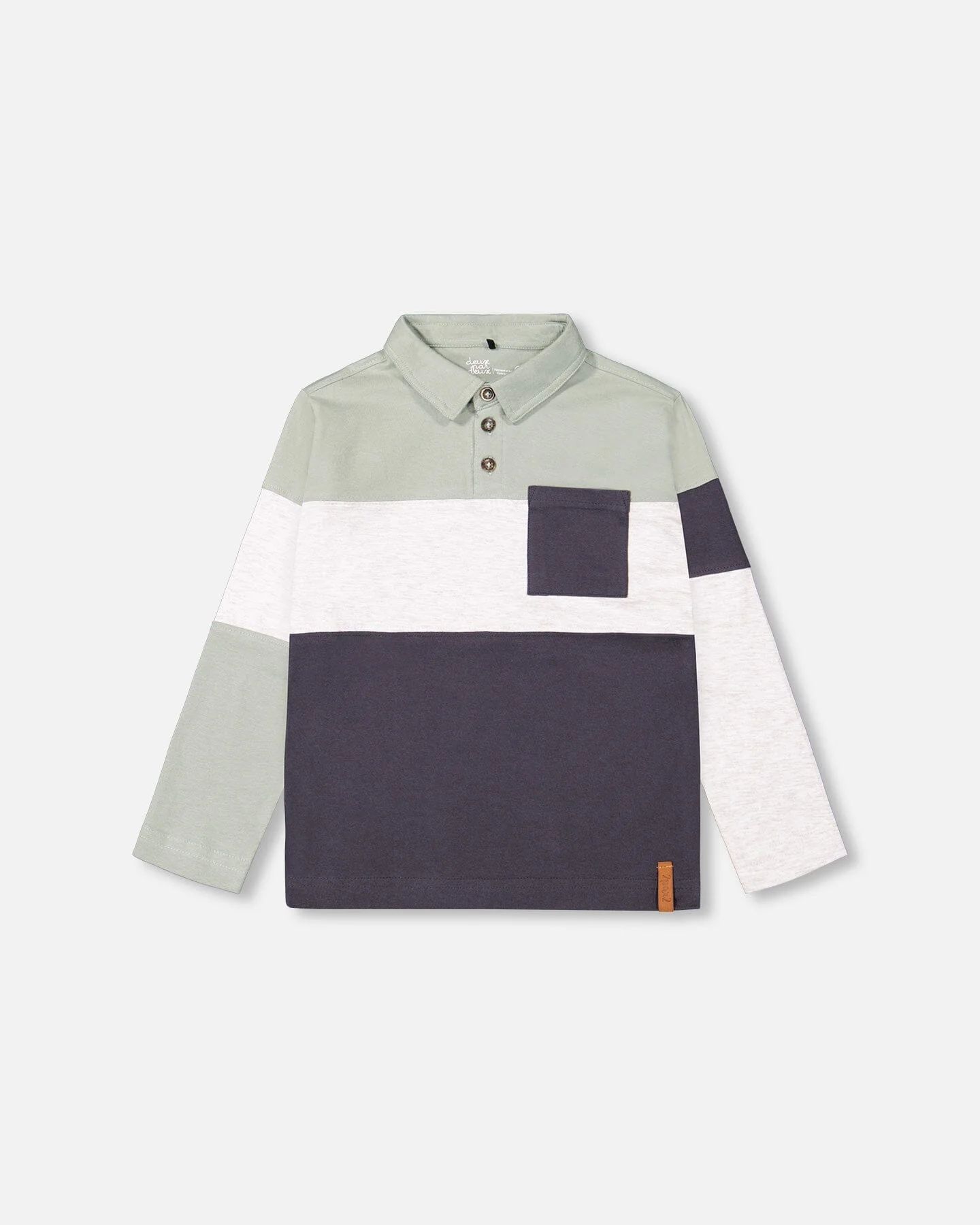 Color Block Jersey Polo Top Sage Green, Oatmeal And Grey | Deux par Deux Childrens Designer Clothing