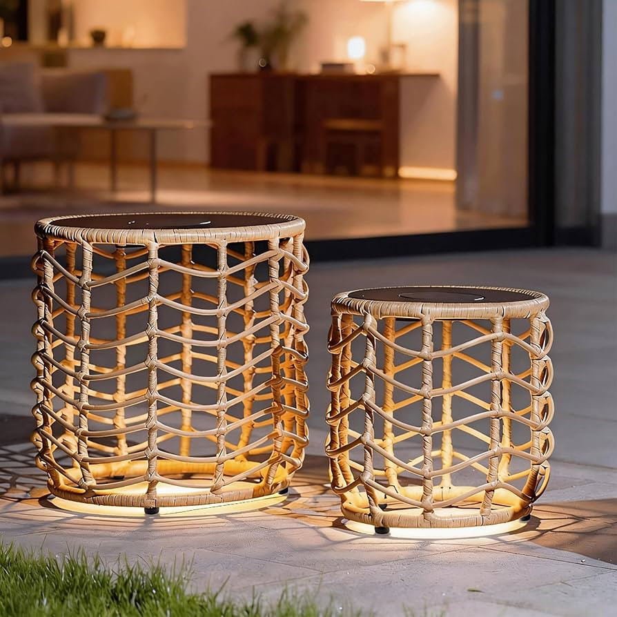 PROHIKER Solar Nesting Tables with Built-in Lights Set of 2, Outdoor PE Rattan Side End Table, Co... | Amazon (US)