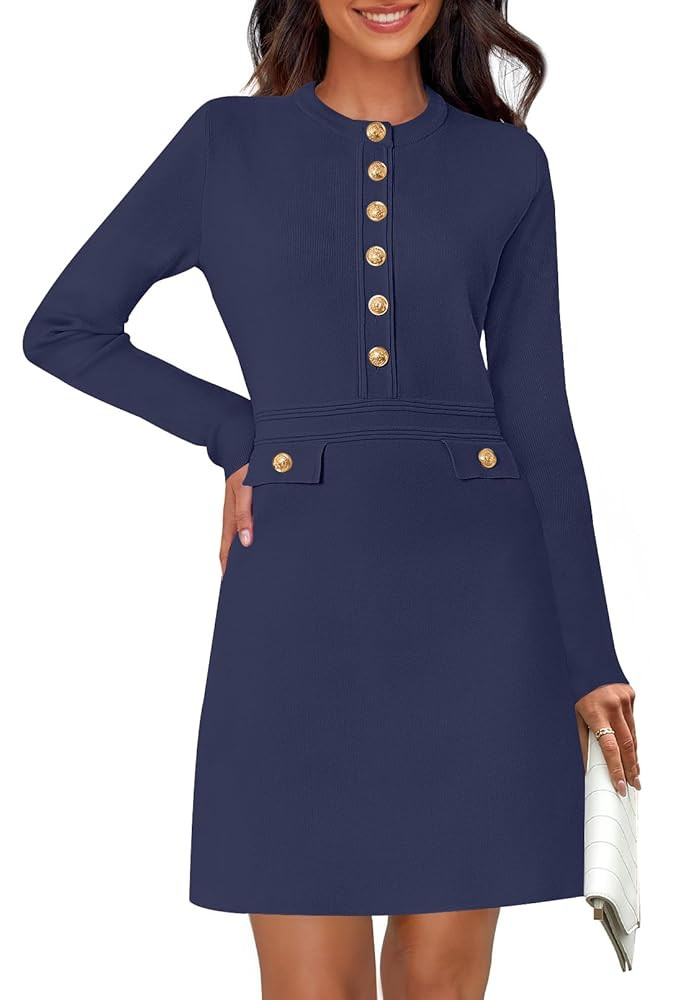 MEROKEETY Women's Fall 2025 Long Sleeve Bodycon Sweater Dress Button Crew Neck Winter Formal Mini... | Amazon (US)