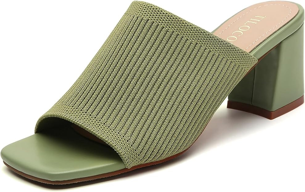Tilocow Knit Heeled Sandals for Women, Square Open Toe Heels Sandals, Chunky Block Low Heel Slip ... | Amazon (US)