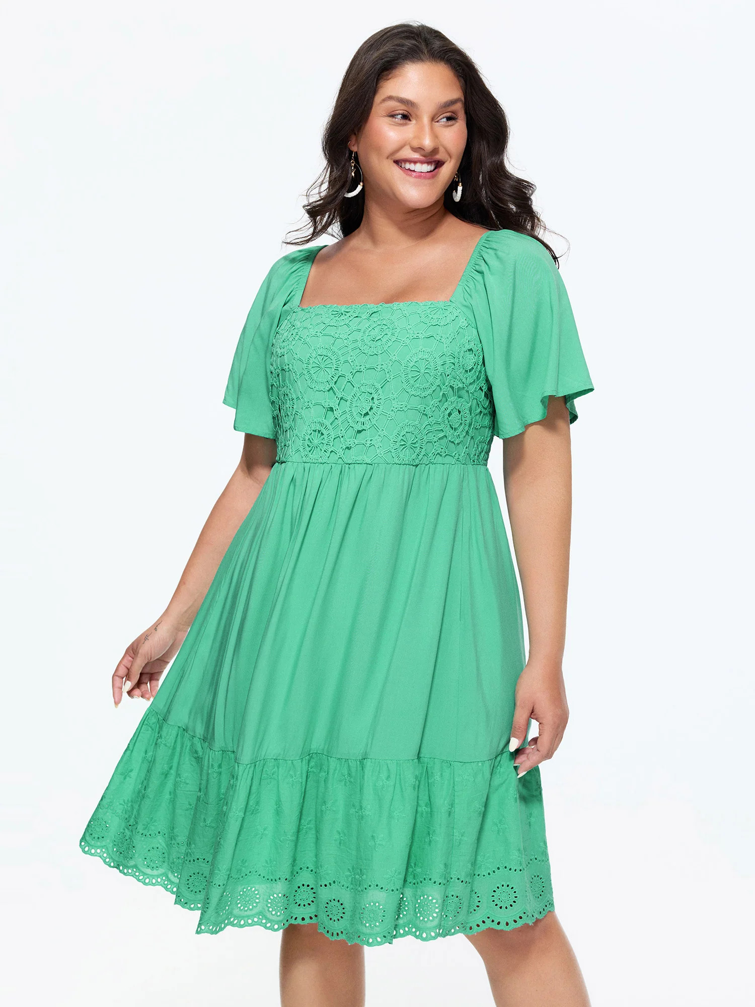 Shirred Bodice Flared Sleeve Lace Hem Mini Dress | Bloomchic