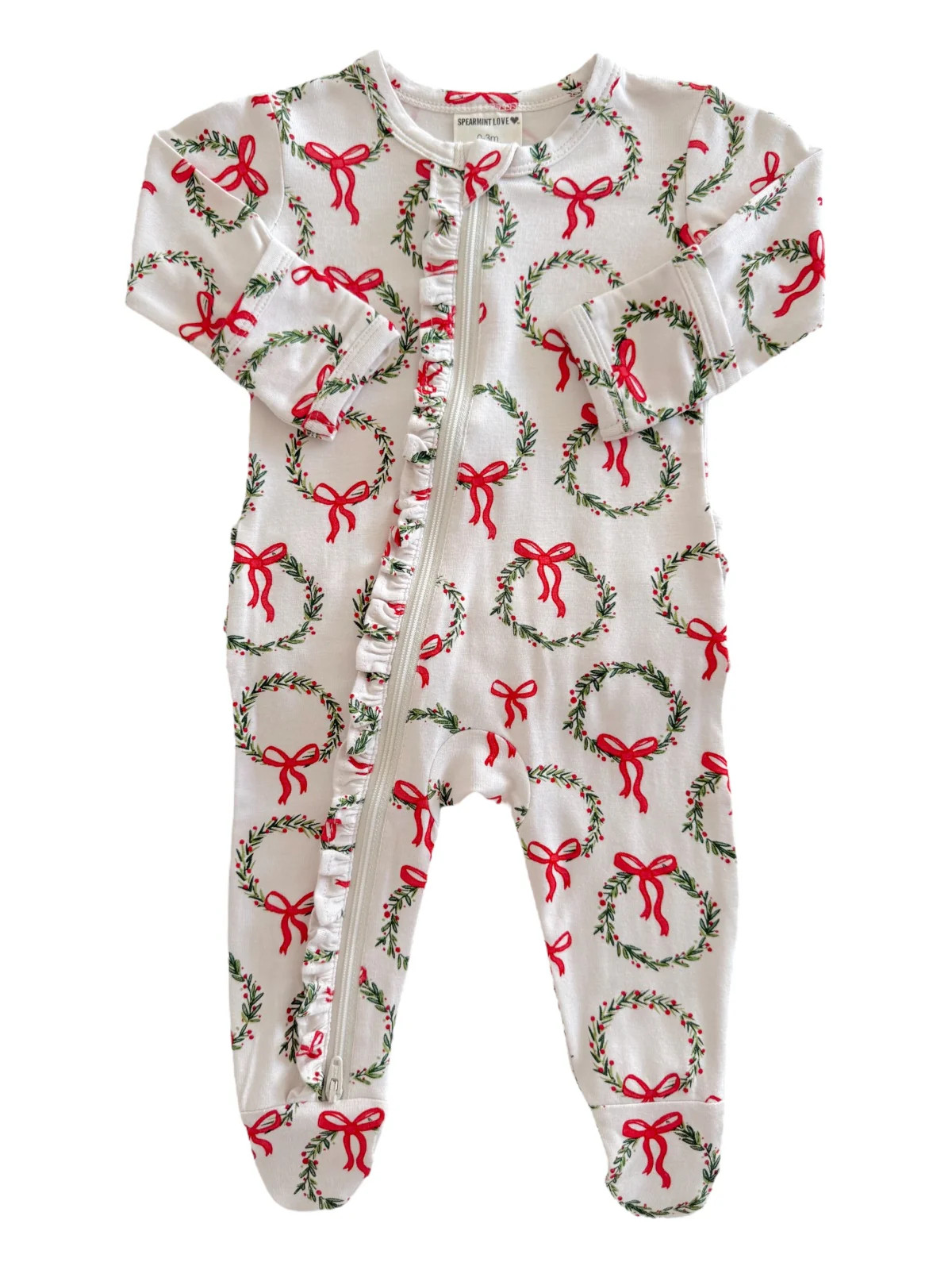 2-Way Ruffle Zip Footie, Wreath | SpearmintLOVE