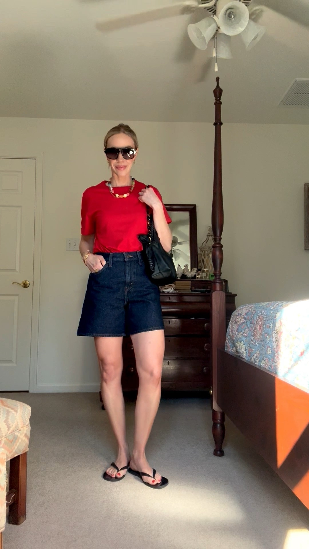 Casual summer outfit, beach vacation, red tee, @levi high rise baggy denim shorts, @Madewell leather thong sandals

#LTKSeasonal #LTKOver40 #LTKgrwm