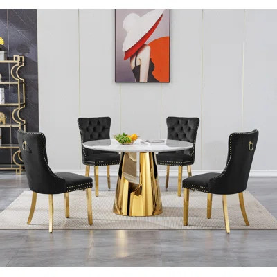 Dining Table Set, 45" Round Marble Dining Table with Velvet Dining Chairs, Circle Kitchen Table Set with Base, Dining Room Table and Chairs Set | Wayfair North America