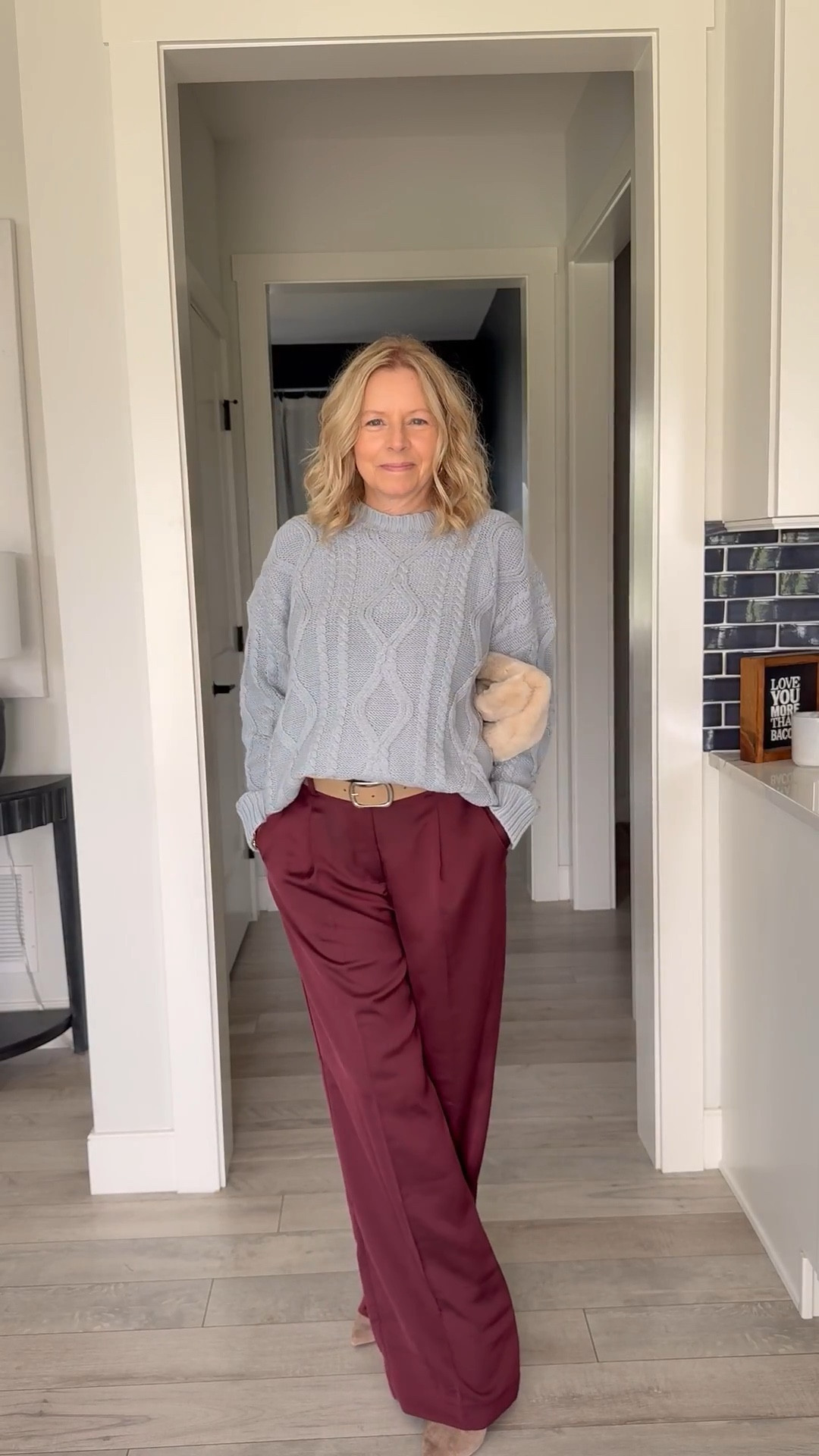 I found these burgundy satin pants online from Loft but can’t find them anymore to link them. Had to link similar pairs.  Sweater is from Amazon, fits slightly big. I’m wearing a medium for an oversized look.  #fall #cozy #businesscasual #ootd #whattowear 

#LTKWorkwear #LTKOver40 #LTKStyleTip