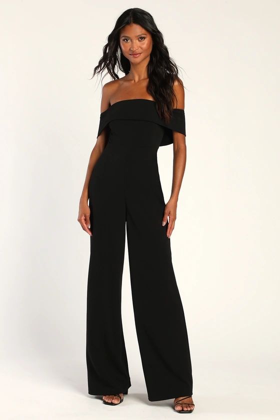 Pretty Picturesque Black Off-the-Shoulder Wide Leg Jumpsuit | Lulus (US)