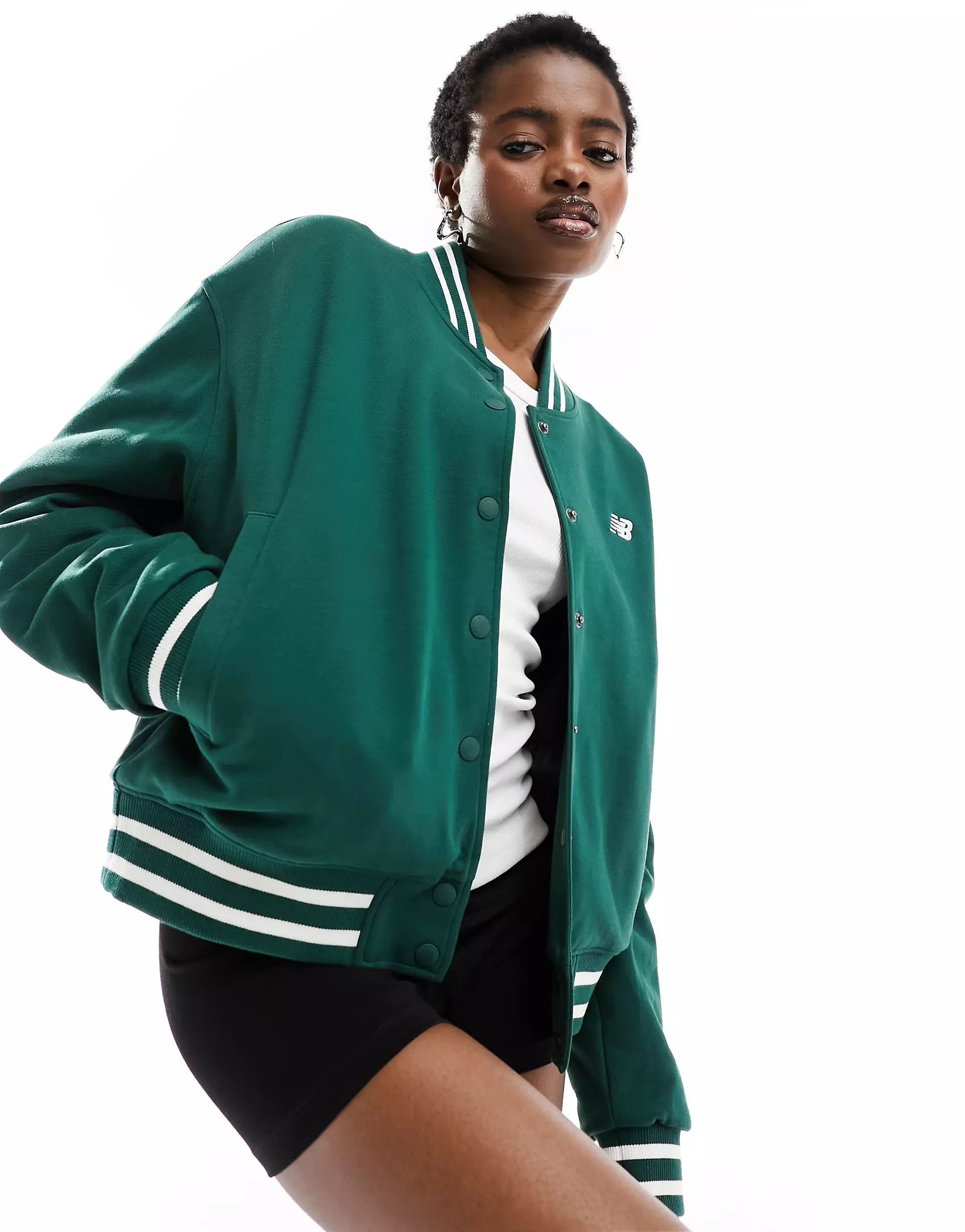 New Balance Sportswear Greatest Hits varsity bomber jacket in green | ASOS | ASOS (Global)