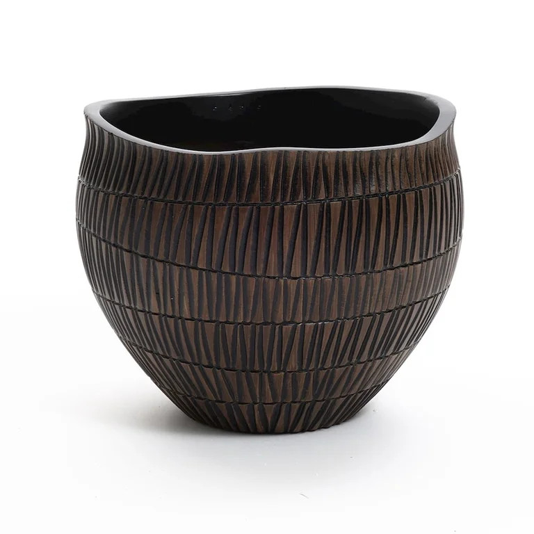 LuxenHome Brown with Black V-Pattern Polyresin 10-Inch Round Planter | Walmart (US)
