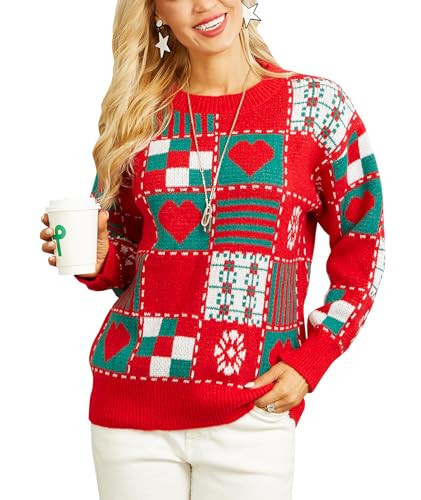 Fashionme Ugly Christmas Sweaters for Women Funny Cute Jumpers Tops Shirts Funny Vintage Winter Chunky Xmas Sweater Soft Holiday Heart Argyle Print | Amazon (US)
