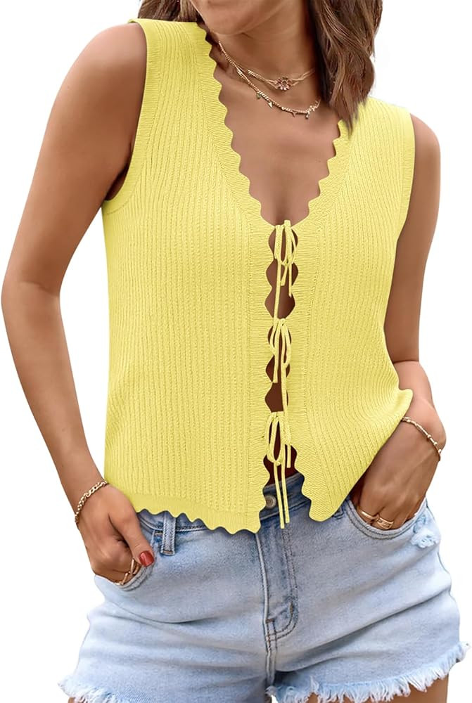 Womens Tie Front Tops Trendy 2025 Summer V Neck Sleeveless Sweater Vests Fashion Cute Crochet Kni... | Amazon (US)