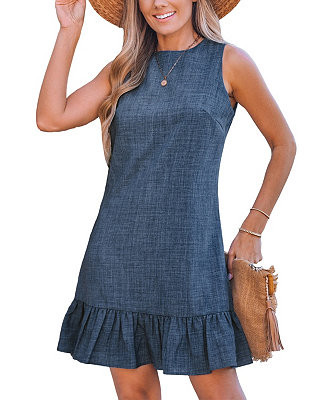 Women's Deep Blue Scoop Neck Sleeveless Mini Beach Dress | Macy's