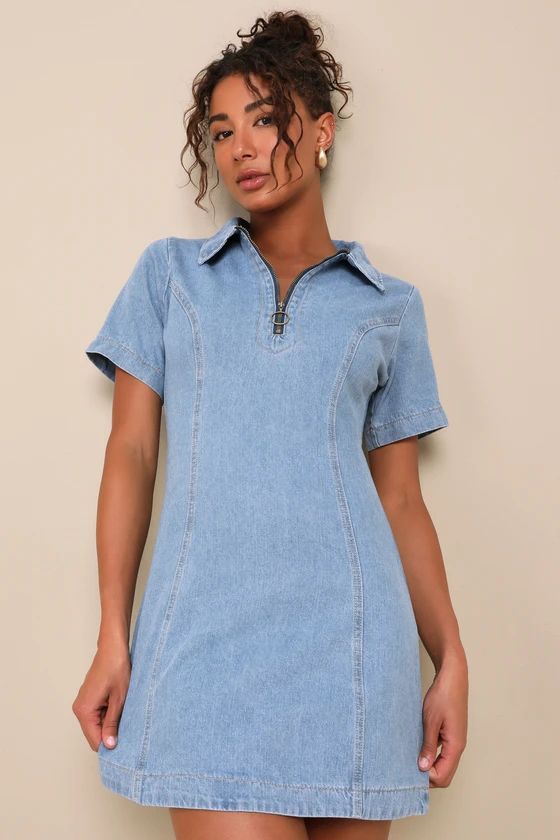 Totally Cool Light Wash Denim Zip-Front Short Sleeve Mini Dress | Lulus