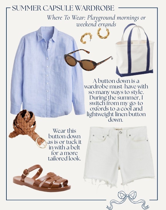 Summer capsule wardrobe // linen outfit idea // white shorts // LINEN BUTTON-DOWN & WHITE CUT-OFF SHORTS // A cool, lightweight linen button-down pairs perfectly with white denim shorts for a look that’s both relaxed and elevated. Tuck it in with a braided belt or wear it loose for a breezy, effortless feel. Where to Wear: Library mornings, casual lunch dates, or beach boardwalk strolls. Mom outfit :: summer mom outfit 

#LTKFindsUnder100 #LTKStyleTip #LTKSeasonal