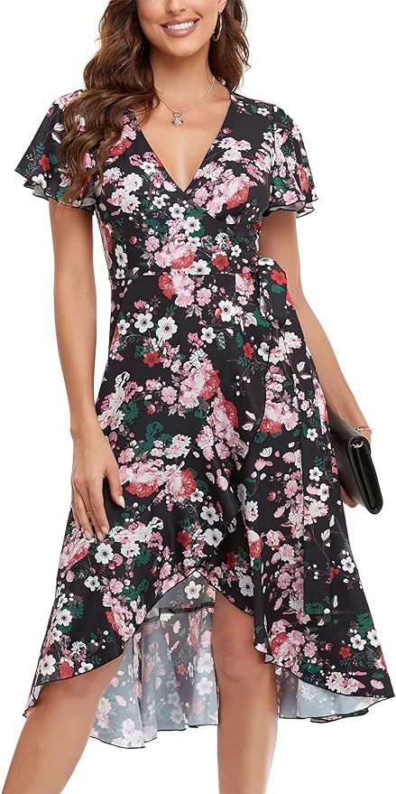Vshemoi Floral Wrap Dress for Women V Neck Short Sleeve Ruffle Hem Tropical Dresses Summer Split ... | Amazon (US)