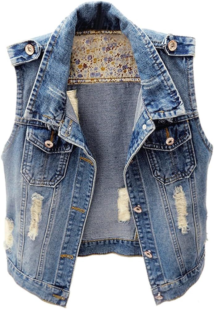 Kedera Womens Denim Jean Vest Classic Junior Button Up Cropped Distressed Sleeveless Jean Jacket | Amazon (US)