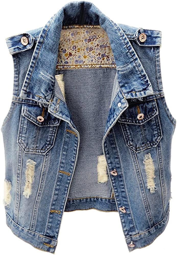 Kedera Womens Denim Jean Vest Classic Junior Button Up Cropped Distressed Sleeveless Jean Jacket | Amazon (US)