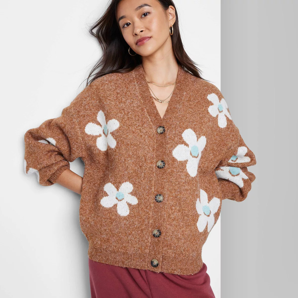 Women's Ascot + Hart Daisy Graphic Cardigan - Brown L | Target