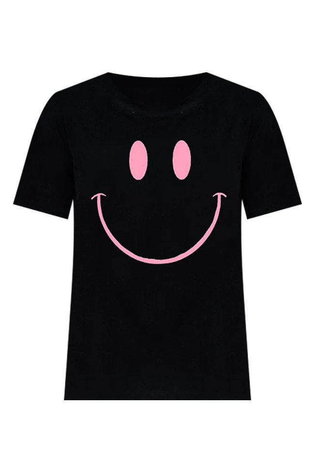 Drawn Smiley Black Oversized Graphic Tee | Pink Lily