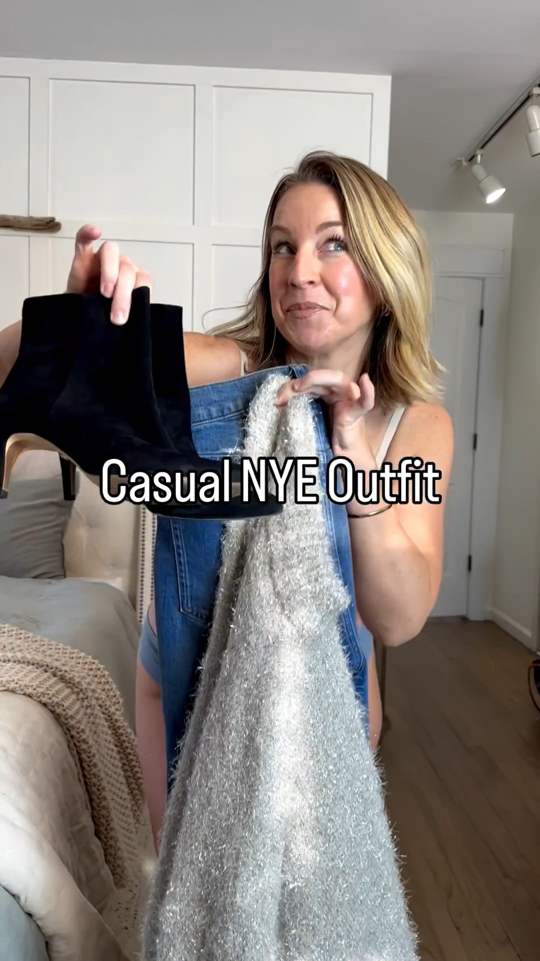A casual New Year’s Eve outfit. Medium tinsel sweater and tts 29 regular jeans that feel like loungewear!! 

#LTKHoliday #LTKGiftGuide #LTKgrwm