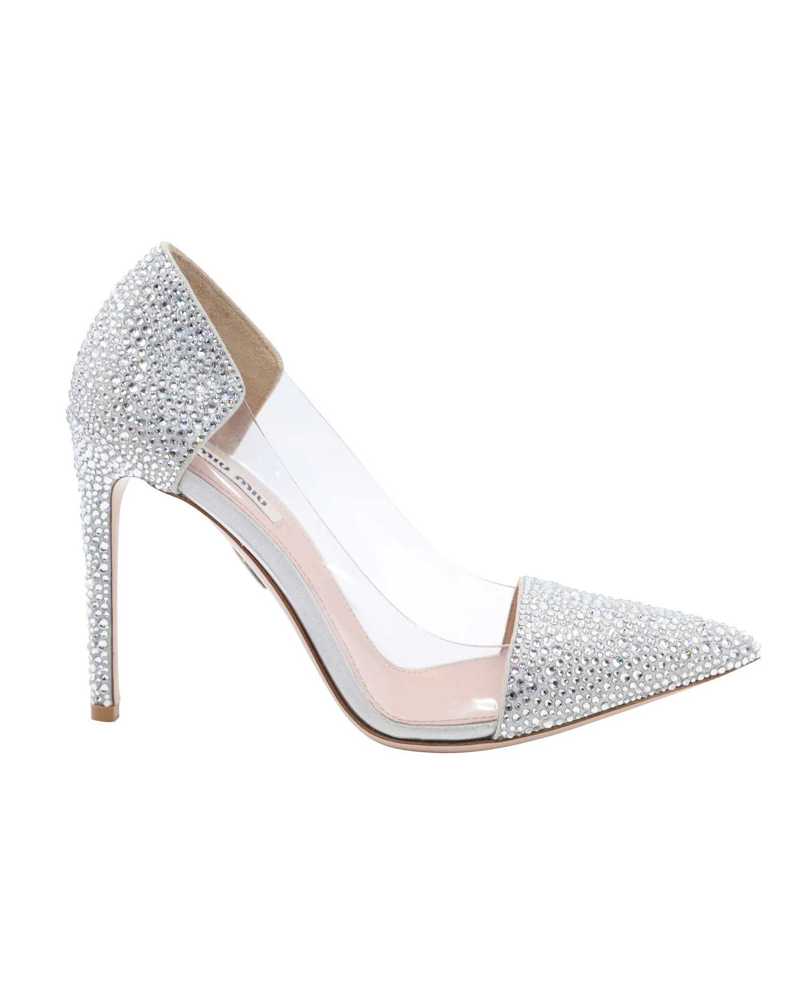 Miu Miu Crystal Embellished Glass Pumps in Silver Leather | Shop Simon