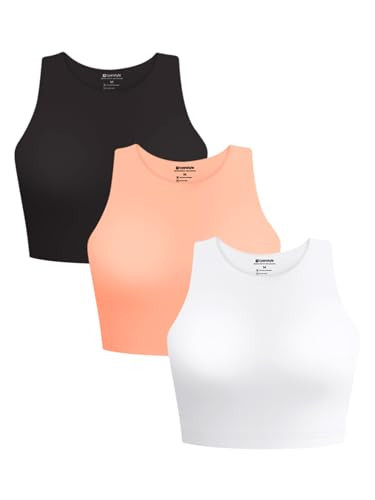 Cyanstyle Womens 3 Pack Tank Tops 2024 Summer Sleeveless High Neck Double Lined Goging Out Crop Tank Tops Black White Peach Nectar Large | Amazon (US)