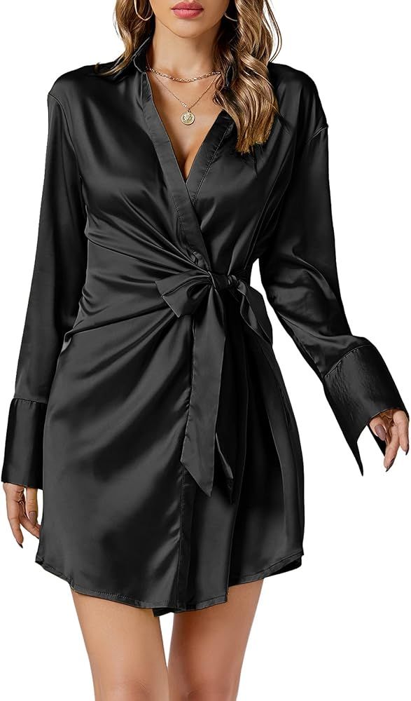 LYANER Women's Satin Silky Collar Wraped Waist Tie Long Sleeve Mini Dress | Amazon (US)