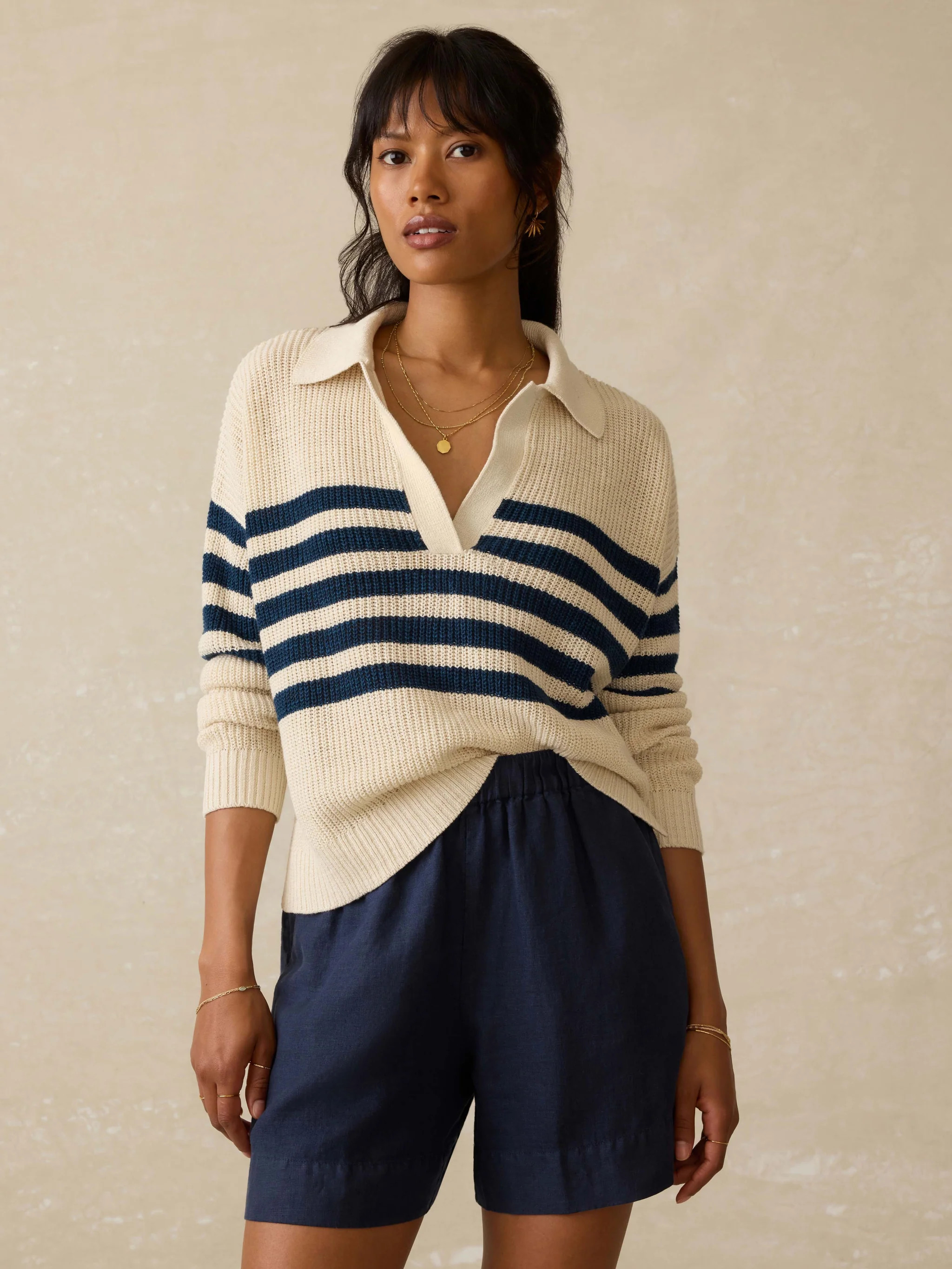 Miramar Linen Polo Sweater - Ocean Ties Stripe | Faherty
