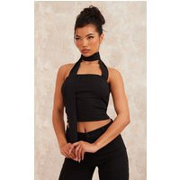 Black Linen Look Skinny Scarf Detail Bandeau Corset | PrettyLittleThing CAN