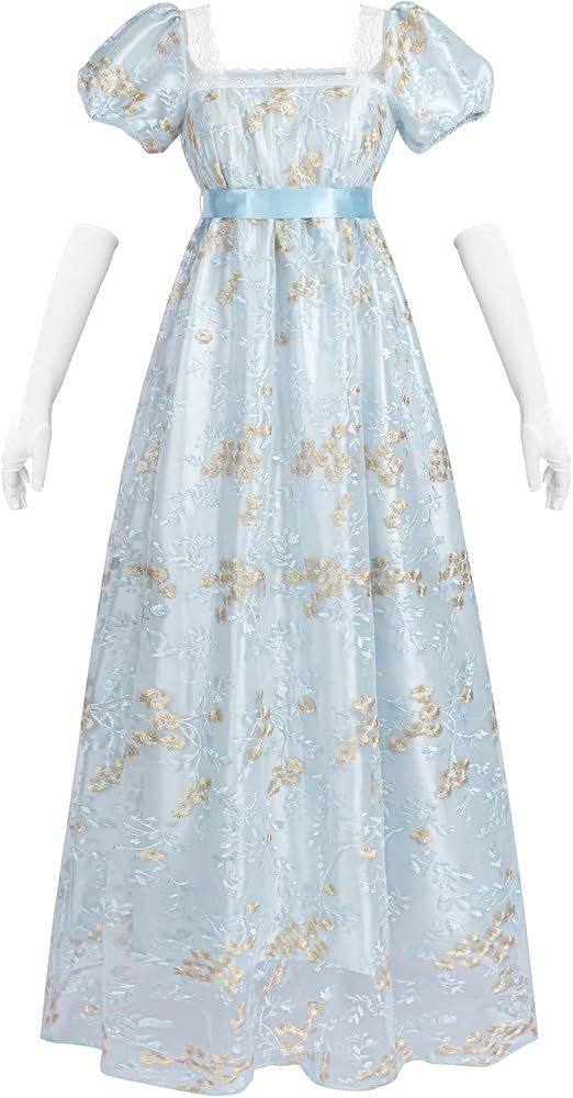 NSPSTT Golden Regency Dresses for Women 1800s Vintage Dress Victorian Ball Gown with Gloves | Amazon (US)