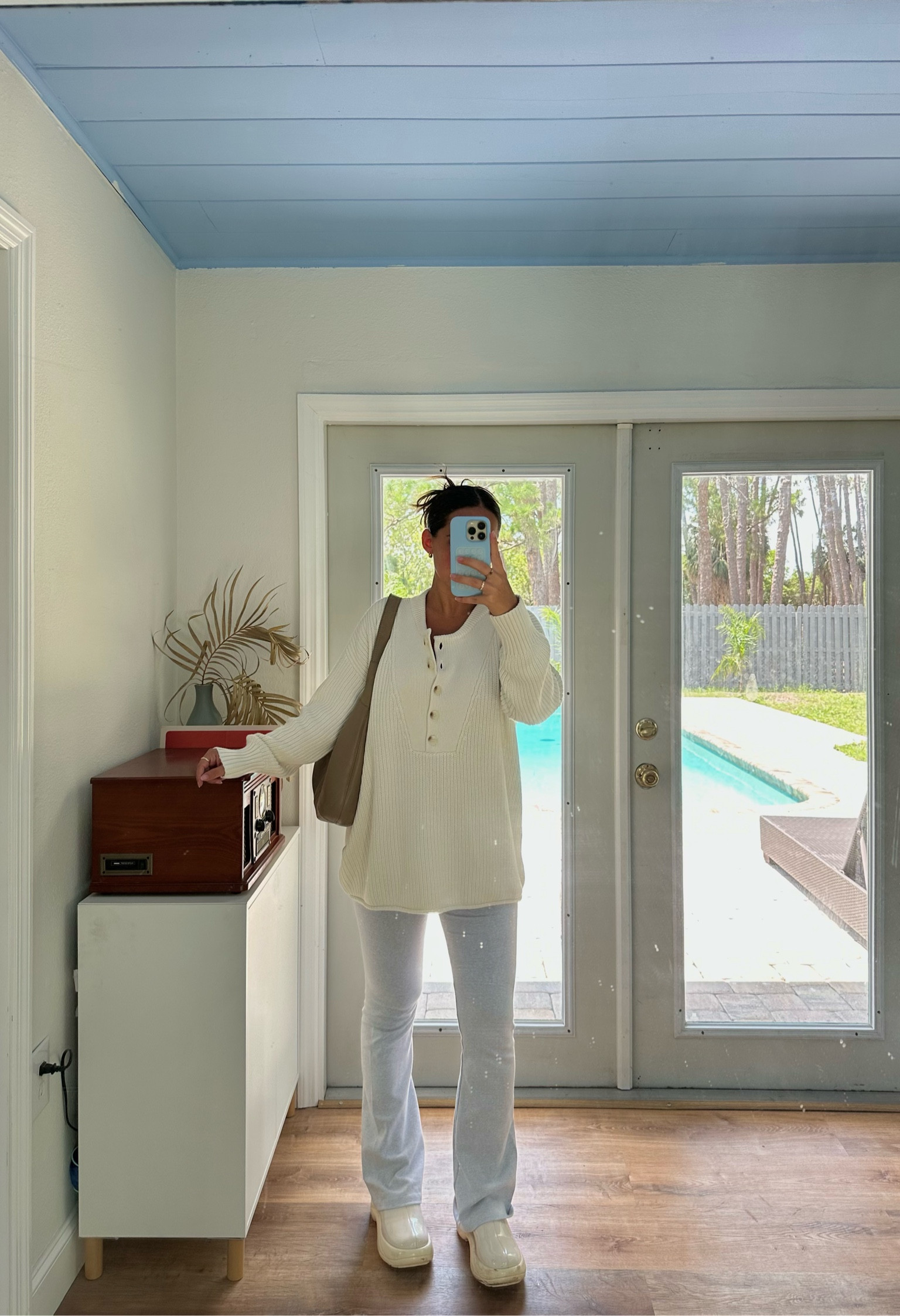 Amazon fall outfit inspo from this entirely thrifted look 🍂🤍 

fall style | monochrome outfit | maternity | pregnancy style | flare leggings | Amazon fashion | women’s clogs 

#LTKbump #LTKsalealert #LTKSeasonal