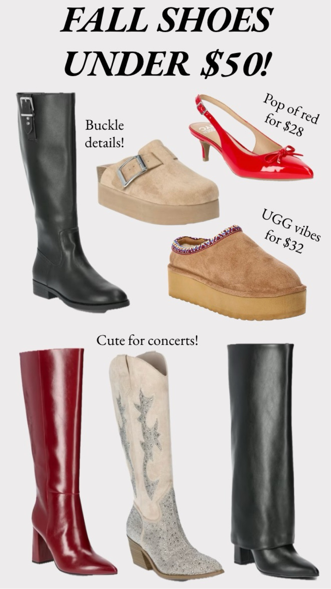 Get ready for fall with these cute fall shoes under $50! 
……………..
kitten heels red heels red shoes heels under $30 heels under $50 knee high boots black boots under $50 wide calf boots under $50 plus size boots ugg dupes Tasman dupes uggs dupes red boots Birkenstock dupes platform Birkenstocks potato shoes cowboy boots under $50 rhinestone boots rhinestone cowboy boots country concert outfit folder boots faux leather boots walmart shoes walmart new arrivals patent leather shoes patent leather heels platform slippers back to school shopping fall trends fall outfit fall looks work shoes work boots  

#LTKShoeCrush #LTKStyleTip #LTKFindsUnder50