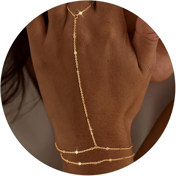 Moodear Silver Hand Chain Bracelet for Women - 14K Gold Plated/Sterling Silver Layered Adjustable... | Amazon (US)