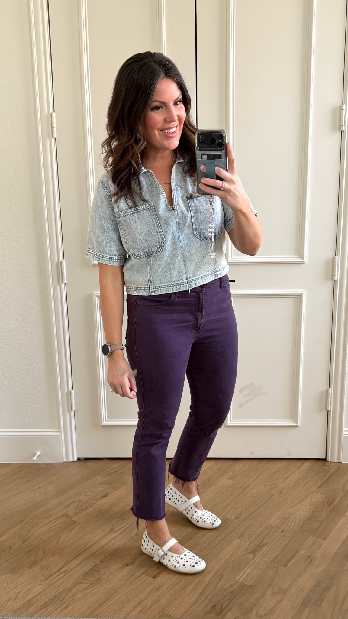 Risen light acid Wash Denim V Neck Short Sleeve Top. I can’t find this exact one even though I just bought it. But I will link others.
Mother denim jeans are old, but sometimes I can find some on eBay. I will link as many as I can. Act fast and I recommend sizing up 1. The cutest little shoes and turquoise earrings from Amazon! Shoes fit tts. Earrings don’t bother my sensitive ears  