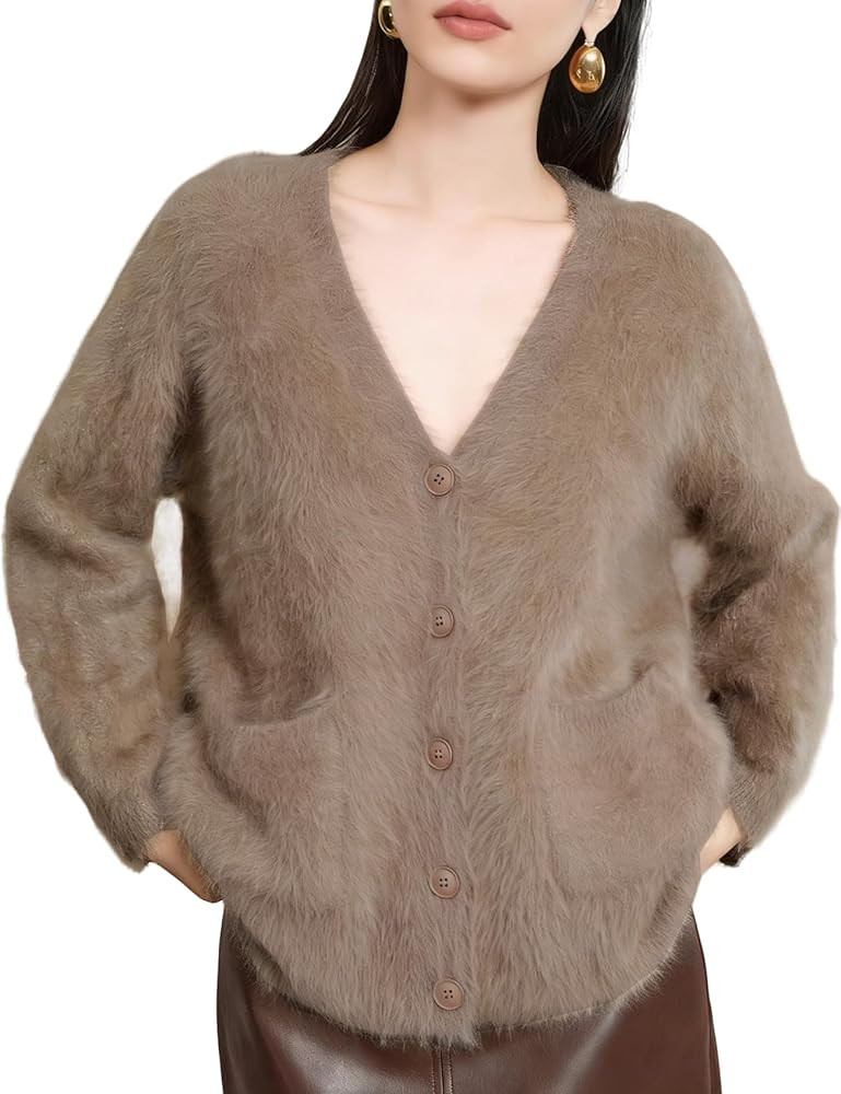 Women's Chunky Fuzzy Cardigan V Neck Slouchy Mohair Sweaters Long Sleeve Button Down Knit Furry S... | Amazon (US)