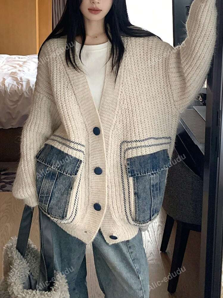 Pocket Decor Drop Shoulder Oversized Cardigan,Ladies Winter Casual Button Front,Contrast Binding,... | SHEIN