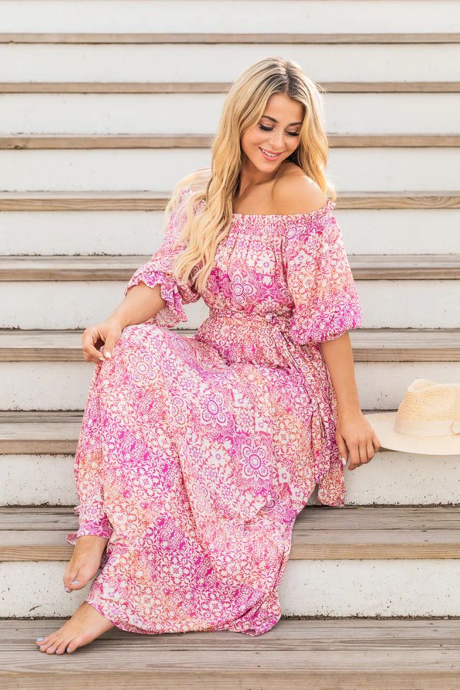 Dynamic Love Pink Printed Off The Shoulder Maxi Dress | Pink Lily