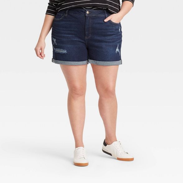Women's Plus Size Destructed Midi Jean Shorts - Ava & Viv™ Dark Wash | Target